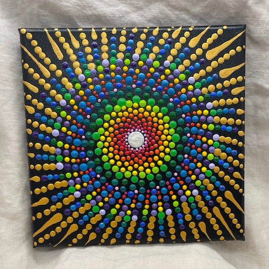 Rainbow Burst Mandala on Black - Original Art